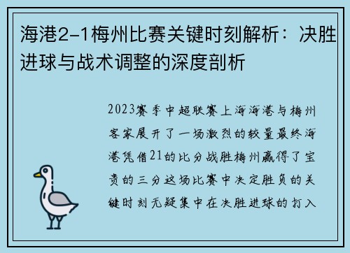 海港2-1梅州比赛关键时刻解析：决胜进球与战术调整的深度剖析