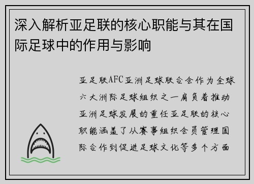 深入解析亚足联的核心职能与其在国际足球中的作用与影响 深入解析亚足联的核心职能与其在国际足球中的作用与影响